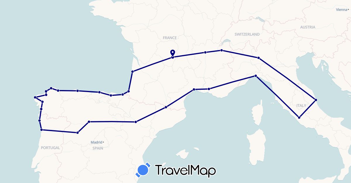 TravelMap itinerary: driving in Andorra, Spain, France, Italy, Portugal (Europe)